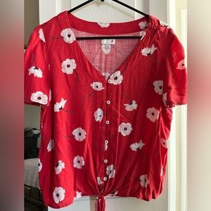 Red floral front tie blouse